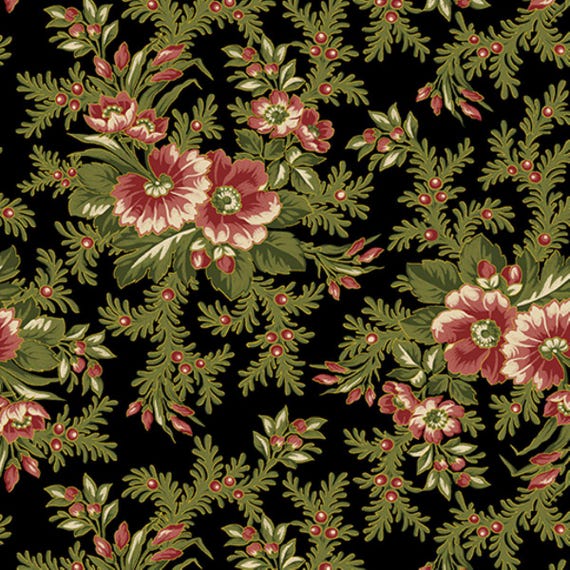 Christmas at Home...16717M-12 Dalmia Floral Spray...Black...April Cornell...Benartex