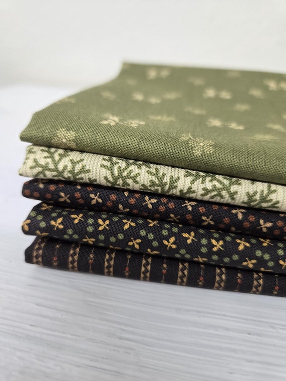 Miss Mollie 1850-1890...Green & Black HALF Yard Bundle...Betsy Chutchian...Moda Fabrics...5 prints