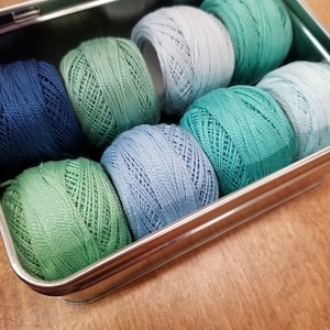 Ocean Mist thread box...featuring 8 DMC perle cotton balls...no 8