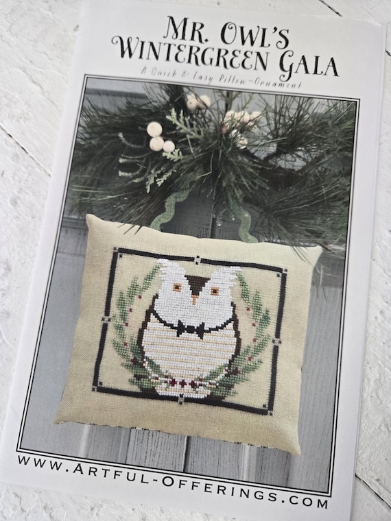 Mr. Owl's Wintergreen Gala...Artful Offerings...cross stitch chart...winter stitch...Christmas