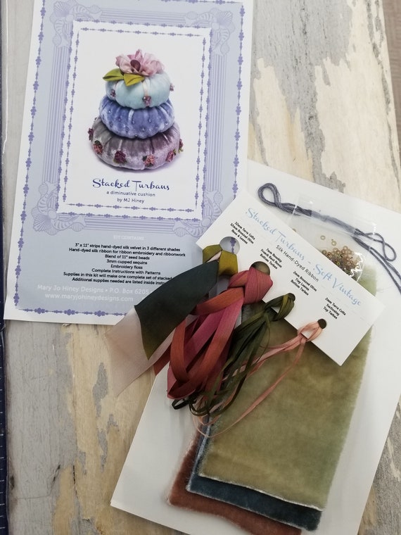 Stacked Turbans soft vintage, a diminutive cushion by MJ Hiney...the Ribbon Muse...complete fabric and ribbon kit with instructions