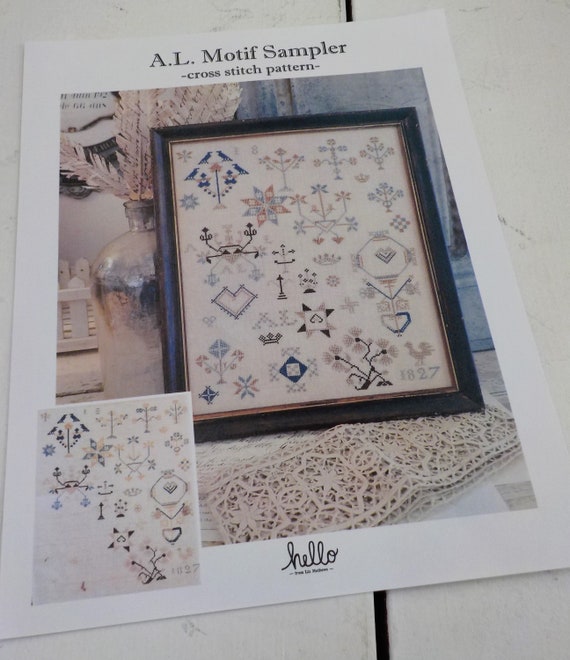 A. L. Motif Sampler, a cross stitch pattern, by hello from Liz Mathews, cross stitch, blue and cream