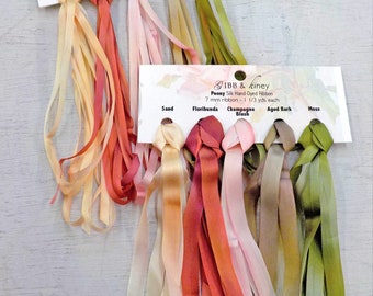 Peony ribbon set...Gibb & Hiney, hand-dyed silk ribbon, 5 colors, 2 widths