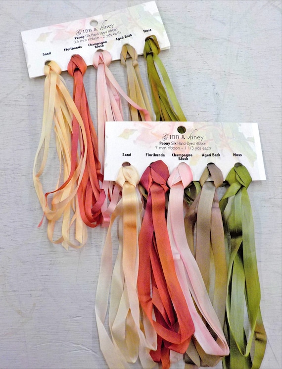 Peony ribbon set...Gibb & Hiney, hand-dyed silk ribbon, 5 colors, 2 widths