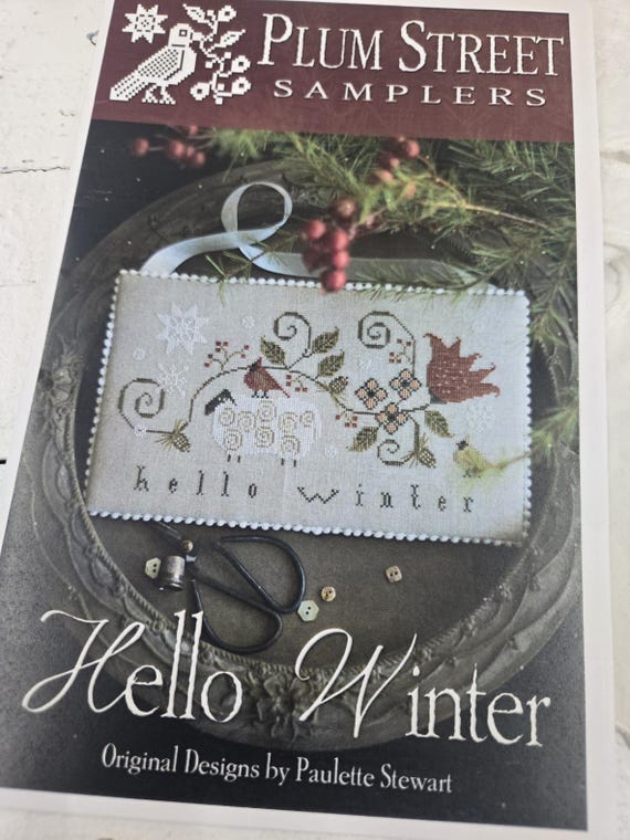 Hello Winter...Plum Street Samplers...cross stitch chart, cardinal, sheep, christmas