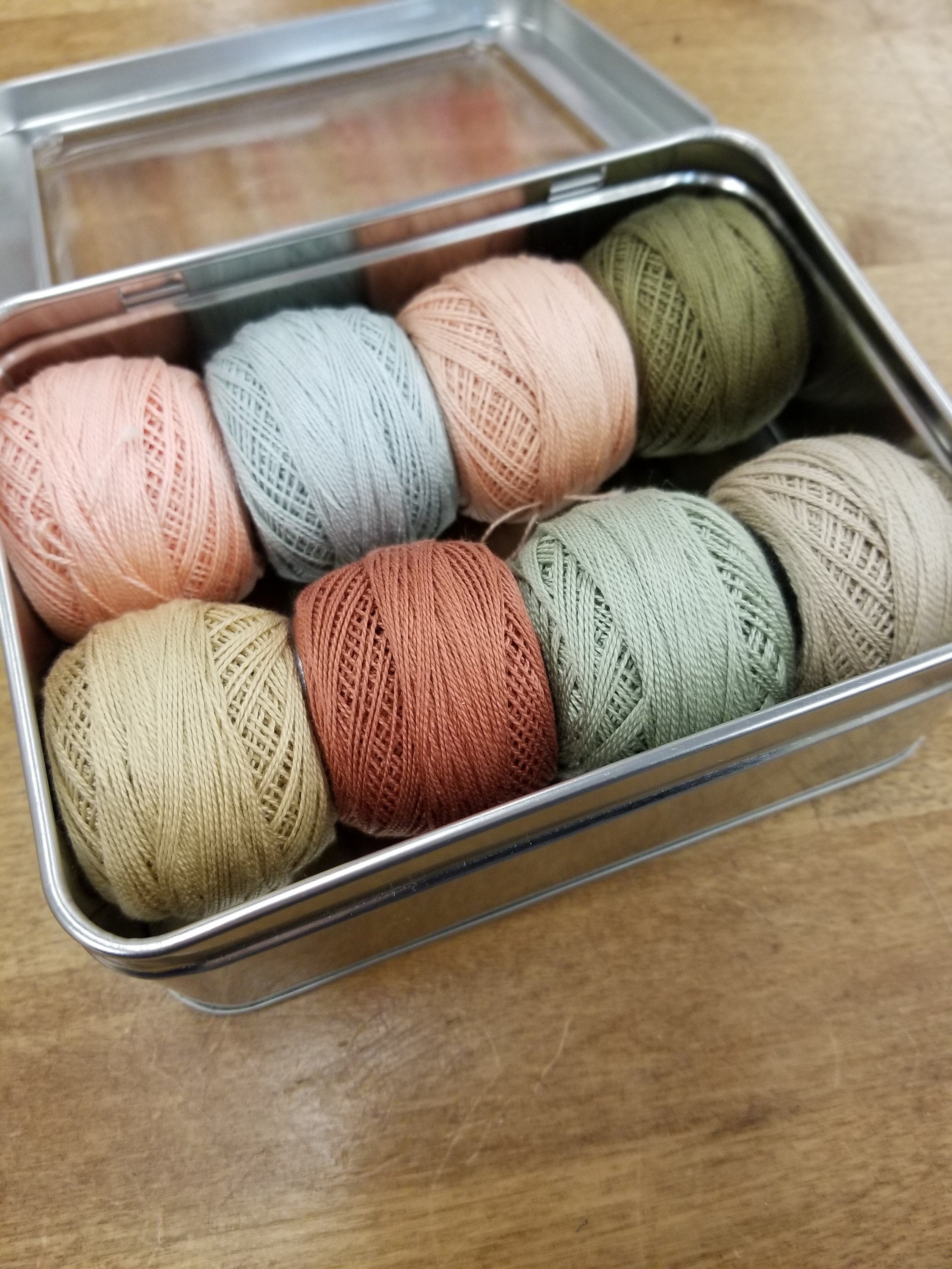 Chantilly-Inspired thread boxfeaturing 8 DMC perle cotton ballsno 8