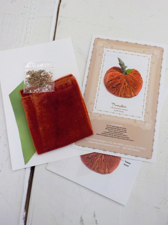 Pumpkin, a diminutive cushion by MJ Hiney...the Ribbon Muse...complete fabric and ribbon kit with instructions, tomato velvet