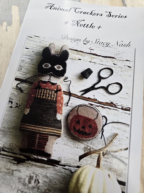 Nettle, Animal Crackers Series by Stacy Nash Primitives...cross stitch chart, bunny, halloween