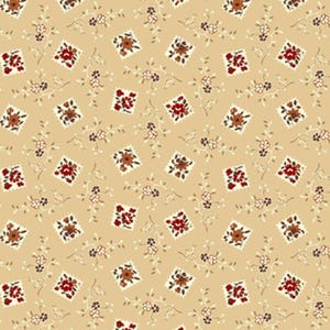 以下が含まれることがあります： ベージュの背景に小さな花の模様が繰り返されています。 赤と茶色の花が咲く正方形のブロックと、白と茶色の繊細な小枝が特徴です。