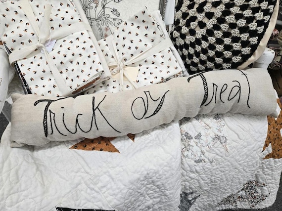 Trick or Treat embroidered pillow designed and stitched by Mickey Zimmer