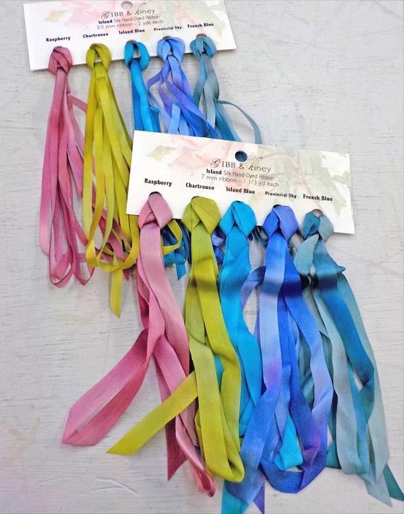 Island ribbon set...Gibb & Hiney, hand-dyed silk ribbon, 5 colors, 2 widths