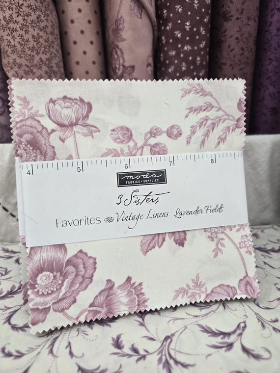 3 Sisters Favorites...Vintage Linens...Lavender Fields...Charm Pack...Moda Fabrics...42--5 inch squares