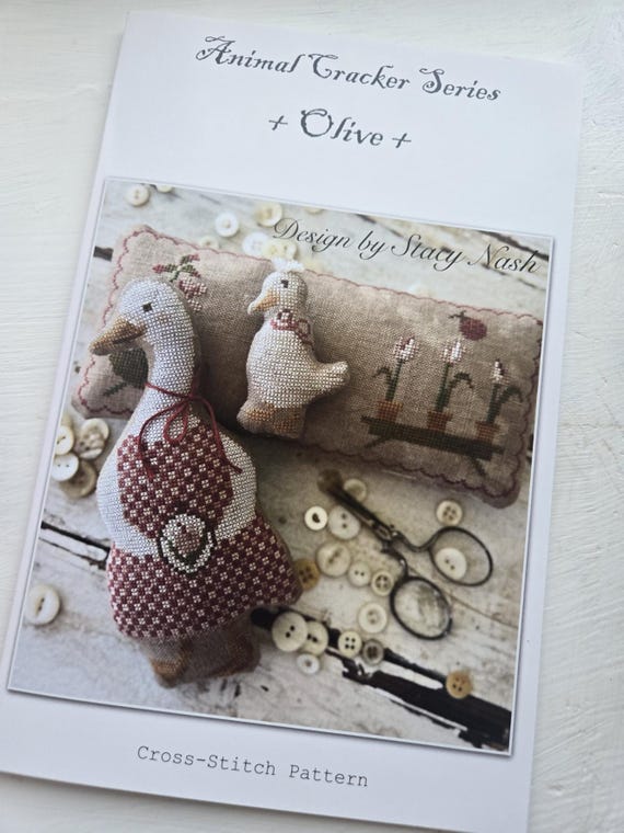 Olive...Animal Crackers Series...Stacy Nash Primitives...cross stitch chart...Goose...Gosling...Pinkeep