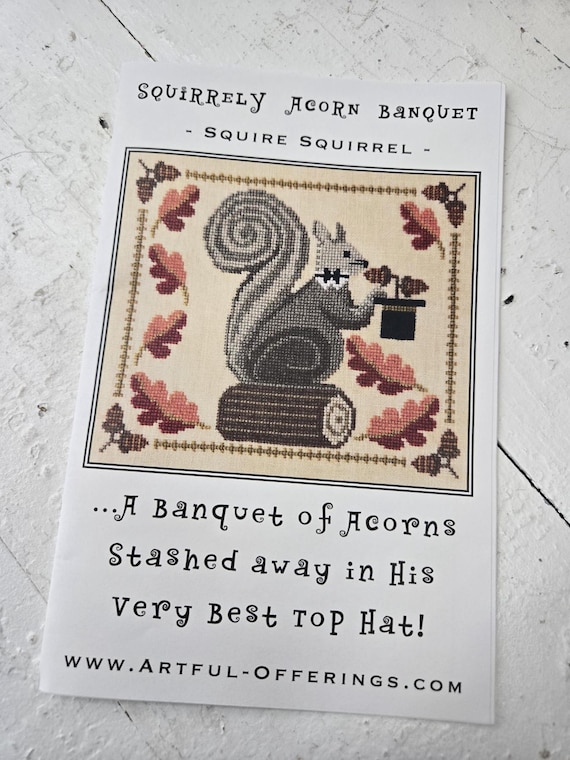 Squirrely Acorn Bouquet -Squire Squirrel-...Artful Offerings...cross stitch chart...autumn...harvest