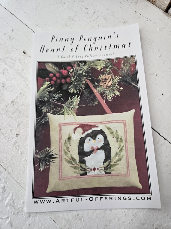 Pinny Penguin's Heart of Christmas...Artful Offerings...cross stitch chart...winter stitch...Christmas