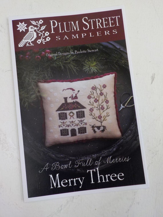 Merry Three, A Bowl Full of Merries, by Plum Street Samplers...cross stitch pattern, Christmas cross stitch, winter cross stitch