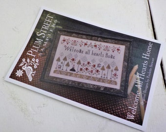 Welcome All Hearts Home by Plum Street Samplers...cross stitch pattern, garden cross stitch, flower cross stitch, valentine's day