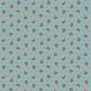 May include: A repeating pattern of small flowers in shades of red, yellow, and purple with green leaves on a light blue background. The floral design is evenly spaced across the surface, creating a consistent and delicate aesthetic.