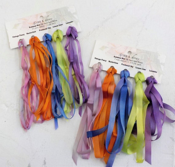 Rainbow Mist ribbon set...Gibb & Hiney, hand-dyed silk ribbon, 5 colors, 2 widths