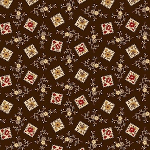 May include: A repeating pattern on a brown background. The pattern features small, square floral designs in red, yellow, and white, interspersed with delicate, winding floral sprigs. The overall design has a vintage or antique aesthetic.