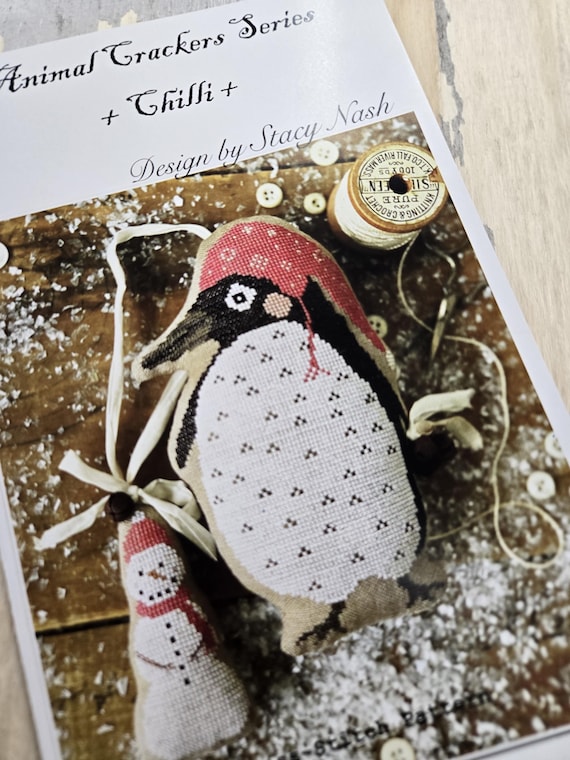 Chilli, Animal Crackers Series by Stacy Nash Primitives...cross stitch chart, penguin