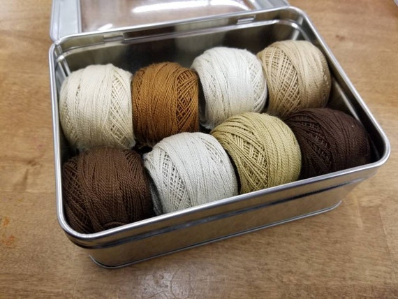 Roasted Almond thread box...featuring 8 DMC perle cotton balls...no 8