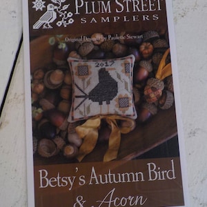 Betsy's Autumn Bird & Acorn by Plum Street Samplers...cross stitch pattern, Halloween cross stitch, thanksgiving, autumn