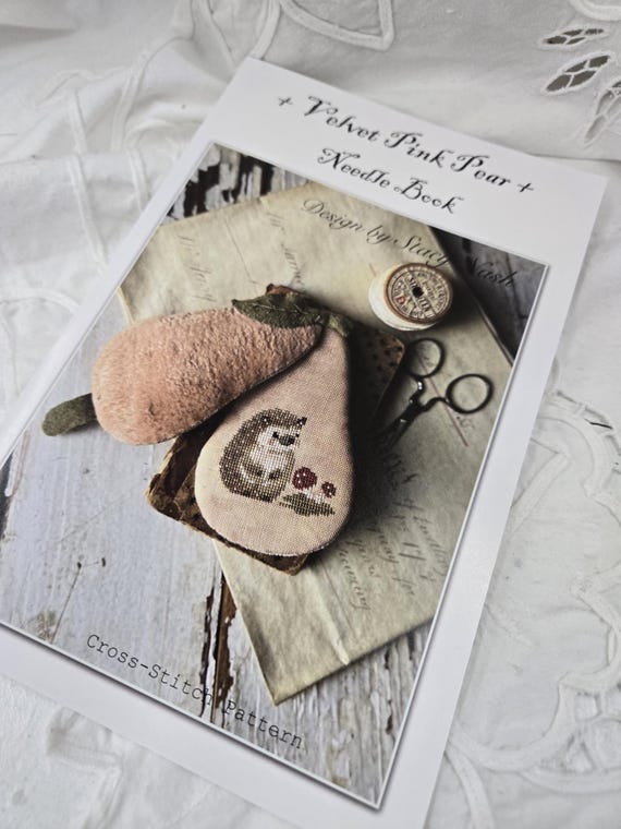 Velvet Pink Pear Needle Book...Stacy Nash Primitives...cross stitch chart