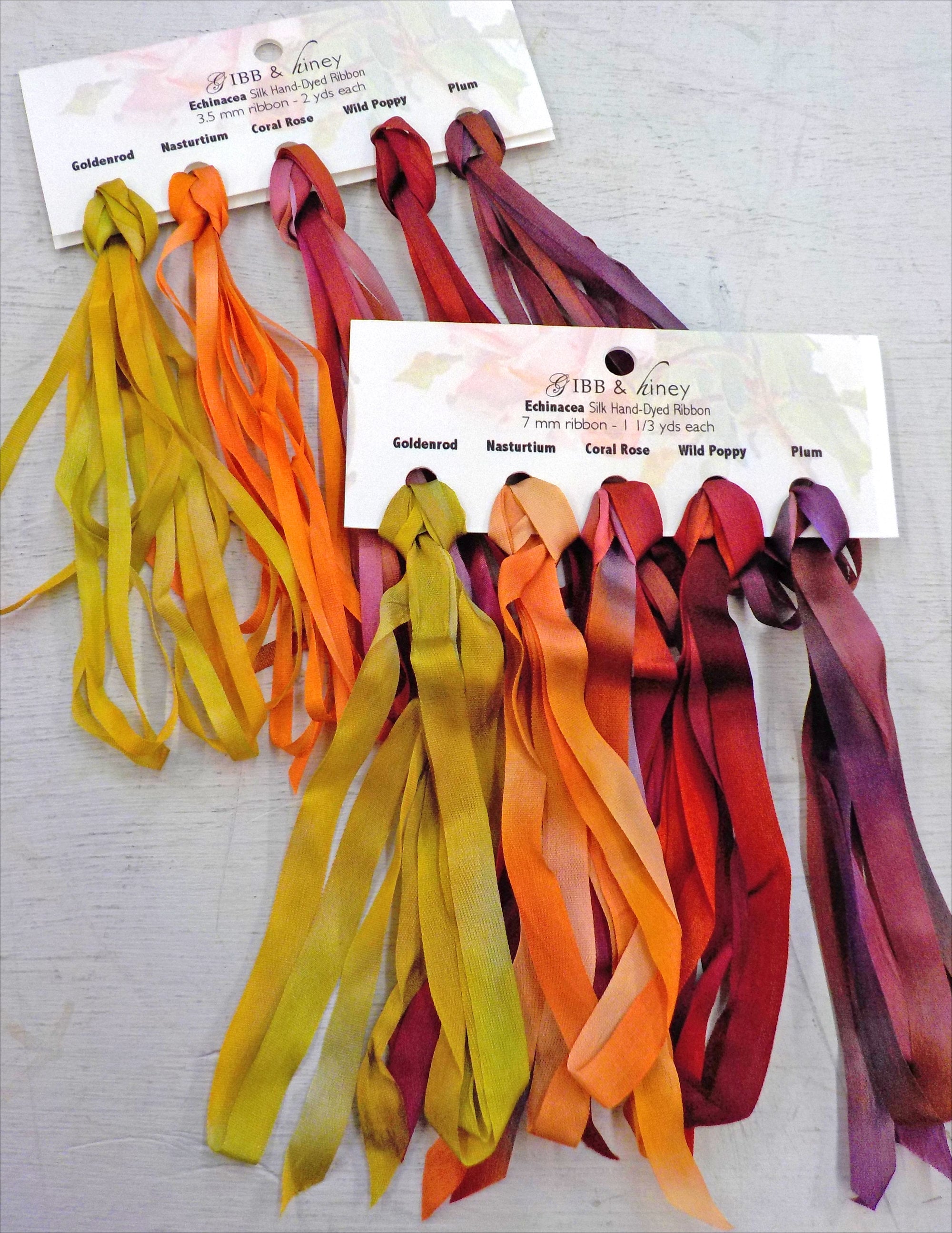 Echinacea ribbon setGibb & Hiney, hand-dyed silk ribbon, 5 colors, 2  widths