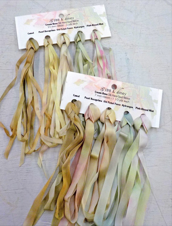 Cream Rose ribbon set...Gibb & Hiney, hand-dyed silk ribbon, 5 colors, 2 widths