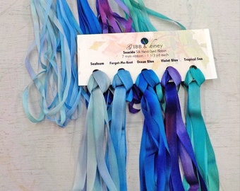 Seaside ribbon set...Gibb & Hiney, hand-dyed silk ribbon, 5 colors, 2 widths