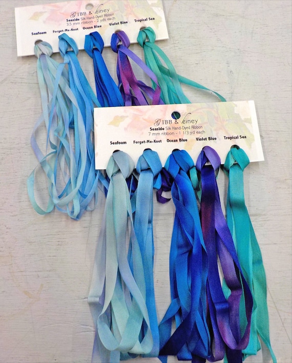 Seaside ribbon set...Gibb & Hiney, hand-dyed silk ribbon, 5 colors, 2 widths