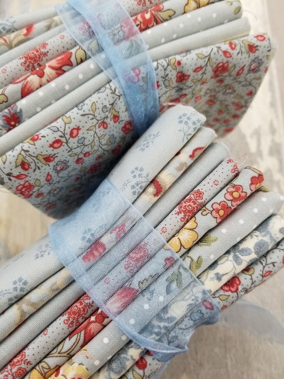 Jardin De Fleurs Ciel Blue fat quarter bundle by French General for Moda Fabrics, 8 fat quarters