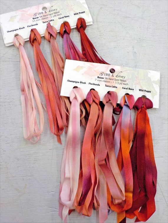 Roses ribbon set...Gibb & Hiney, hand-dyed silk ribbon, 5 colors, 2 widths
