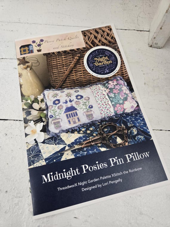 Midnight Posies Pin Pillow...Pansy Patch Quilts and Stitching...Lori Pengelly...cross stitch chart