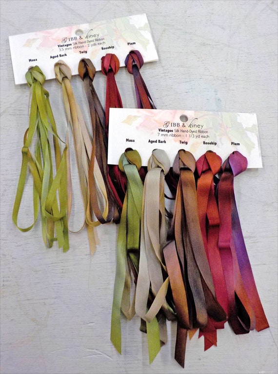 Vintages ribbon set...Gibb & Hiney, hand-dyed silk ribbon, 5 colors, 2 widths