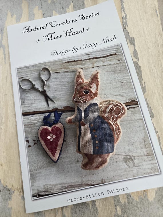 Miss Hazel, Animal Crackers British Series by Stacy Nash Primitives...cross stitch chart, squirrel