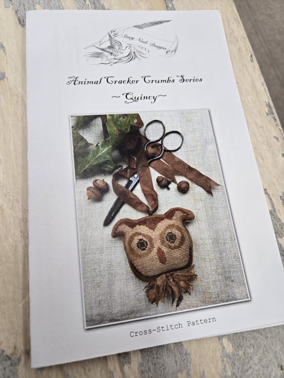 Quincy, Animal Cracker Crumbs Series by Stacy Nash Primitives...cross stitch chart, owl