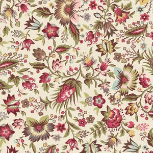 May include: A floral pattern featuring a cream background with a repeating design of flowers and leaves in shades of red, pink, brown, green, and blue. The pattern has a vintage, botanical aesthetic.