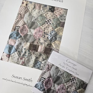 May include: A George Coverlet pattern sheet by Susan Smith and a George acrylic template set by Susan Smith. Both items feature a printed image of a quilt made from various fabric scraps in muted tones of blue, pink, cream, and brown.