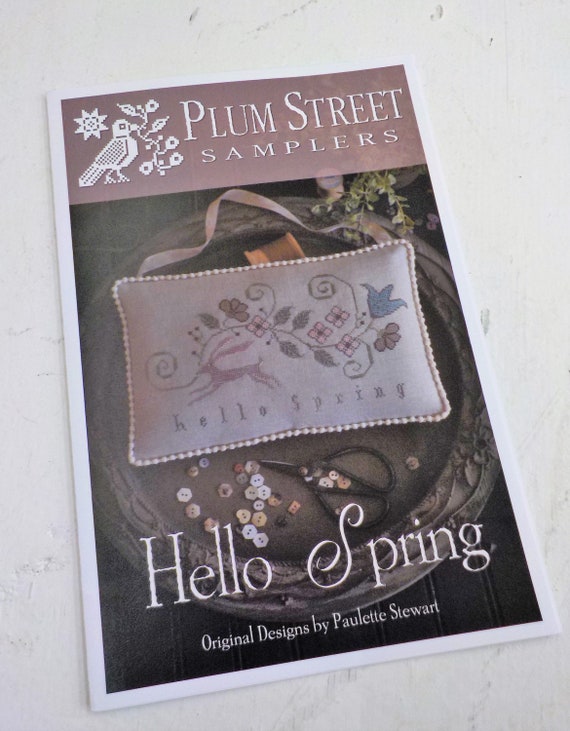 Hello Spring by Plum Street Samplers...cross stitch chart, spring cross stitch, easter cross stitch, rabbit