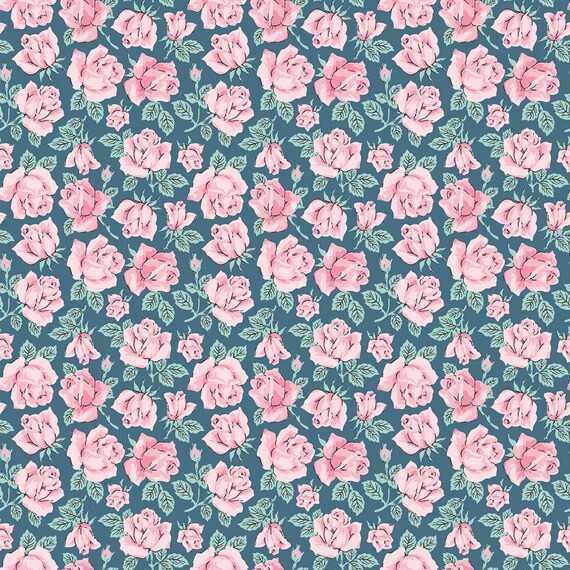 Delightful Department Store Carol's Roses Teal by Amy Jordan for Poppie Cotton, pastel print