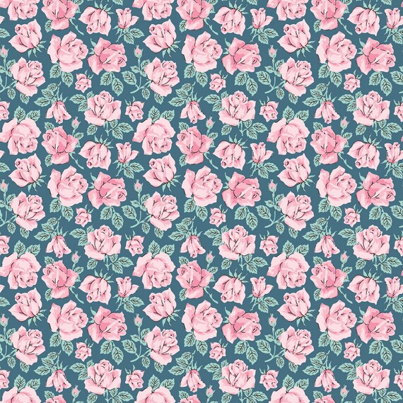 Delightful Department Store Carol's Roses Teal by Amy Jordan for Poppie Cotton, pastel print