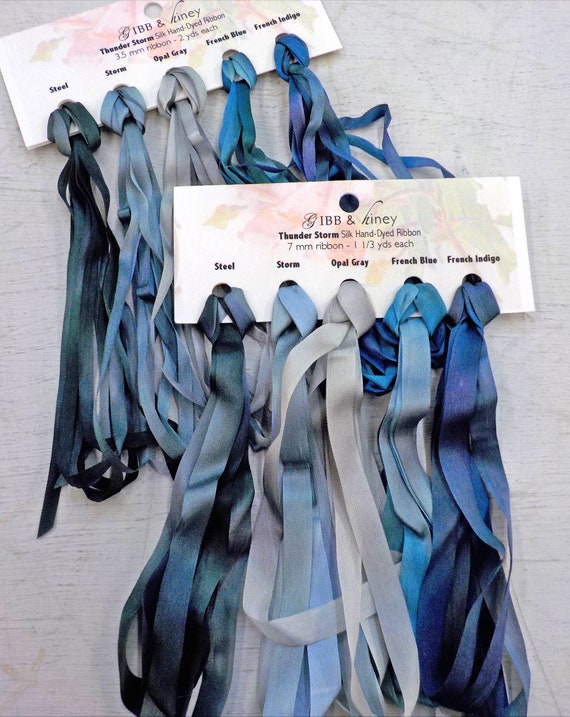 Thunder Storm ribbon set...Gibb & Hiney, hand-dyed silk ribbon, 5 colors, 2 widths