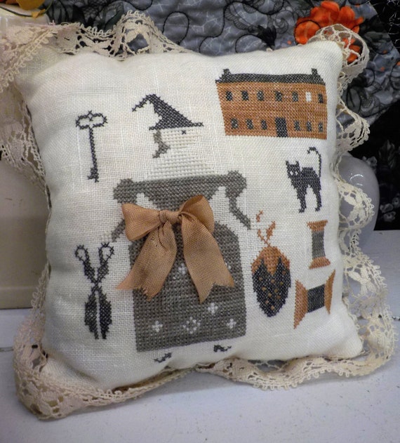The Goode Stitching Witch Pinkeep KIT...designed by Stacy Nash Primitives...cross stitch kit, Halloween chart