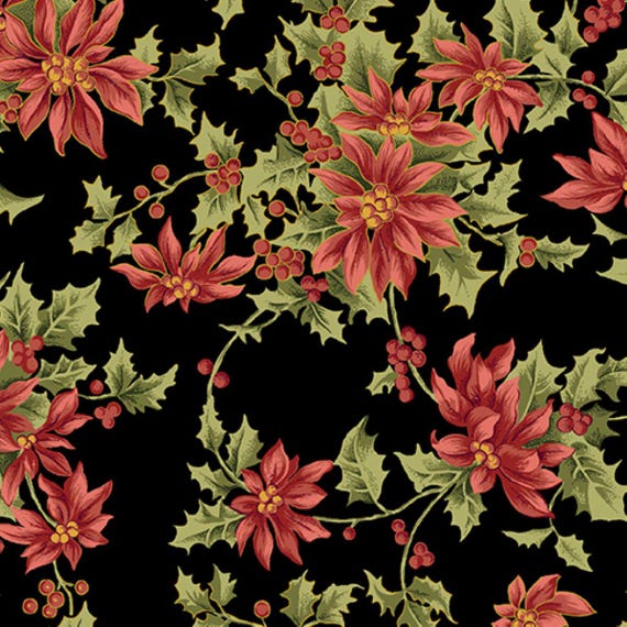 Christmas at Home...16719M-12 Noel Poinsettia...Black...April Cornell...Benartex