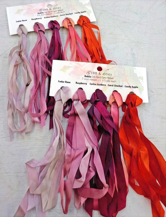 Dahlia ribbon set...Gibb & Hiney, hand-dyed silk ribbon, 5 colors, 2 widths