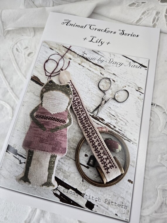 Lily...Animal Crackers Series...Stacy Nash Primitives...cross stitch chart, frog cross stitch