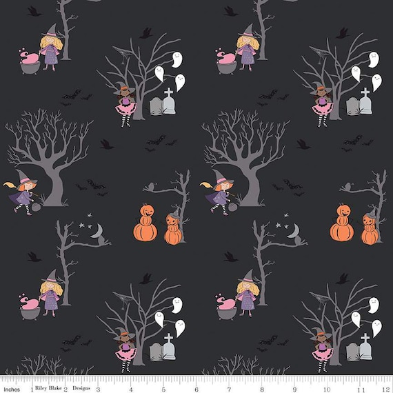 Spooky Schoolhouse Main Charcoal Sparkle designed by Melissa Mortenson for Riley Blake Designs, halloween, autumn