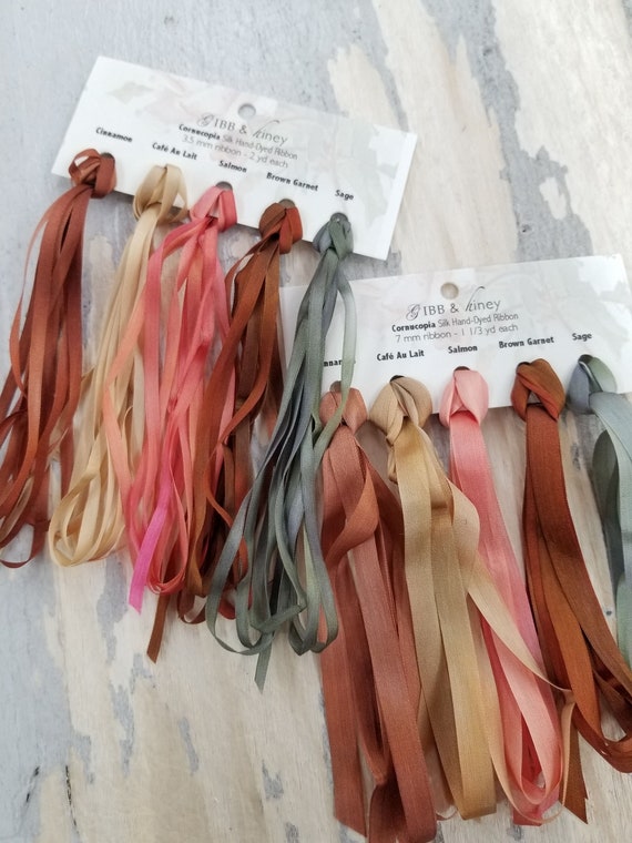 Cornucopia ribbon set...Gibb & Hiney, hand-dyed silk ribbon, 5 colors, 2 widths